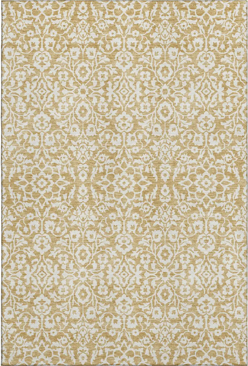 Gold And Ivory Damask Washable Area Rug With UV Protection Photo 1