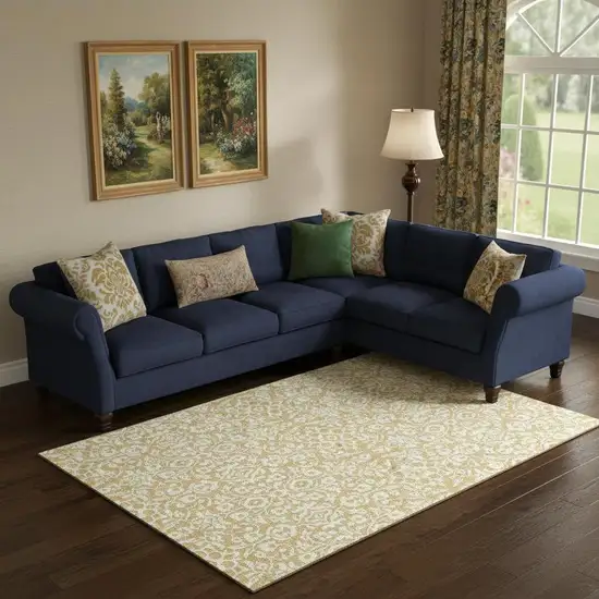 Gold And Ivory Damask Washable Area Rug With UV Protection Photo 1