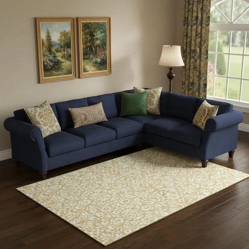 Gold And Ivory Damask Washable Area Rug With UV Protection Photo 1