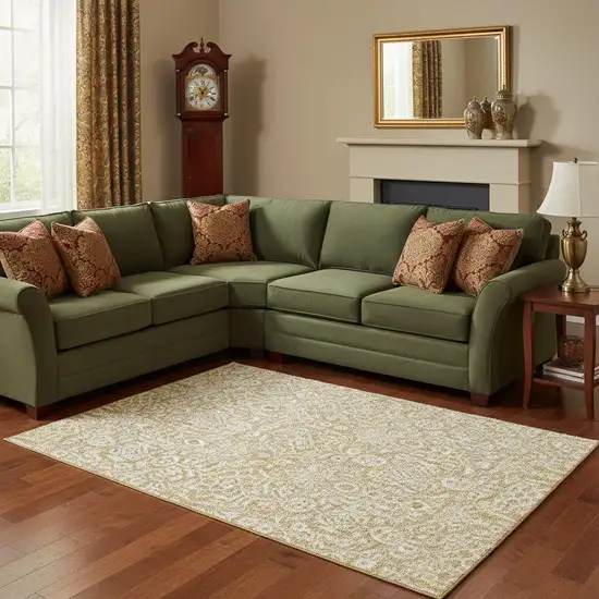 Gold And Ivory Damask Washable Area Rug With UV Protection Photo 2