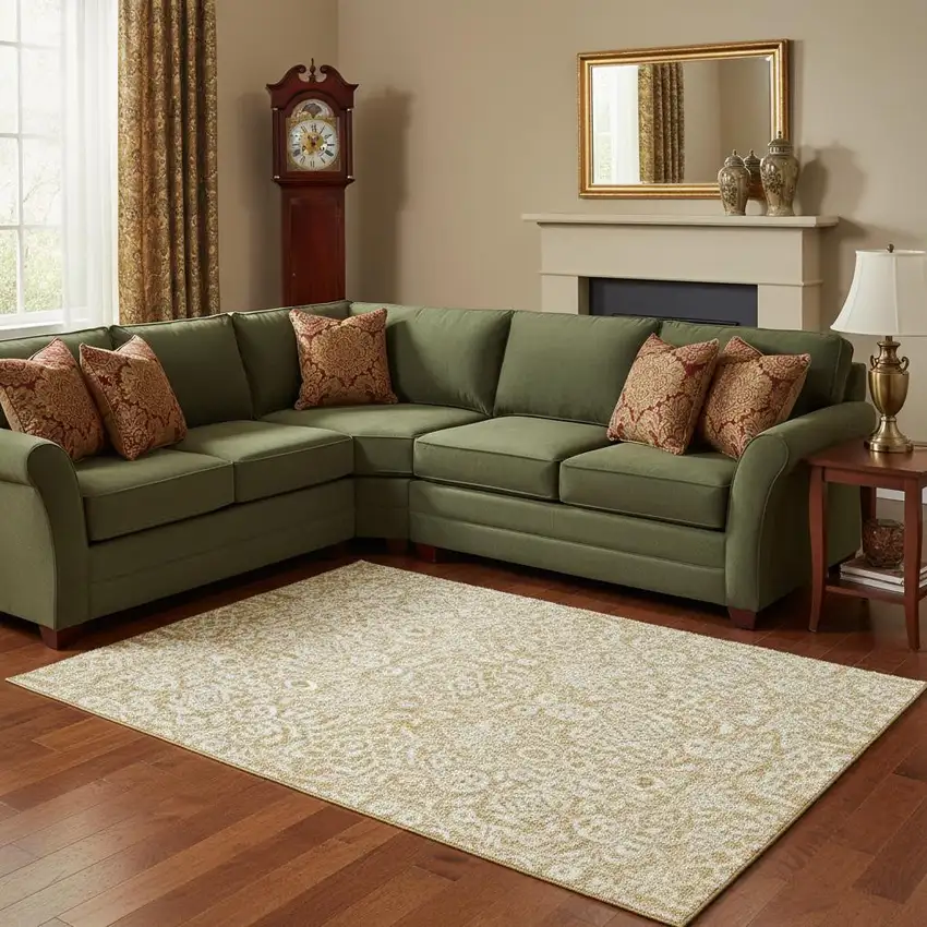 Gold And Ivory Damask Washable Area Rug With UV Protection Photo 2