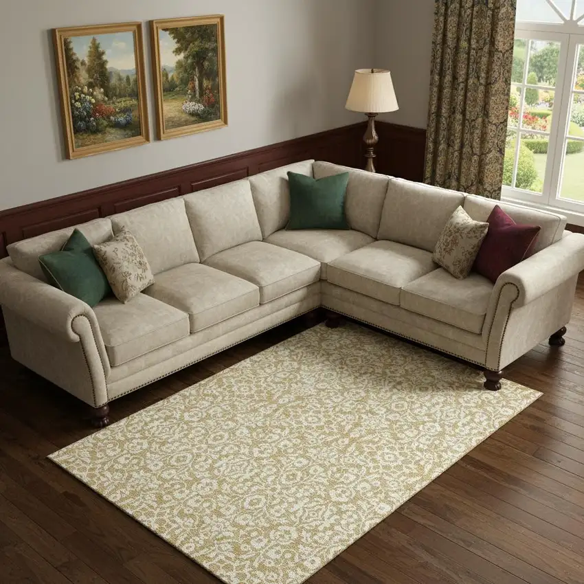 Gold And Ivory Damask Washable Area Rug With UV Protection Photo 1