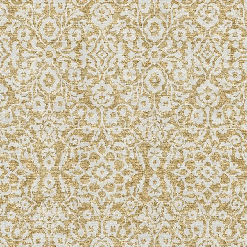 Gold And Ivory Damask Washable Area Rug With UV Protection Photo 3