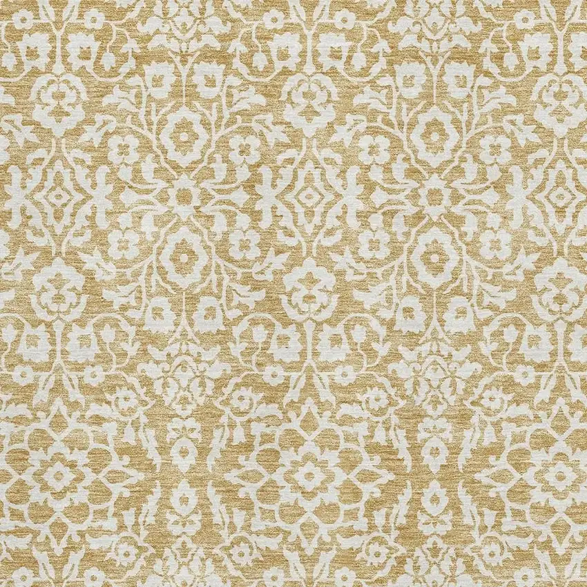 Gold And Ivory Damask Washable Area Rug With UV Protection Photo 3