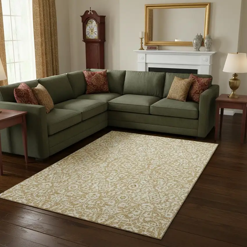 Gold And Ivory Damask Washable Area Rug With UV Protection Photo 2