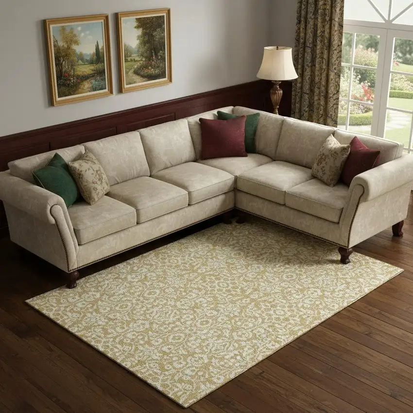 Gold And Ivory Damask Washable Area Rug With UV Protection Photo 1