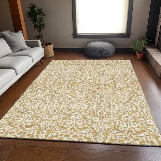 Gold And Ivory Damask Washable Area Rug With UV Protection Photo 6