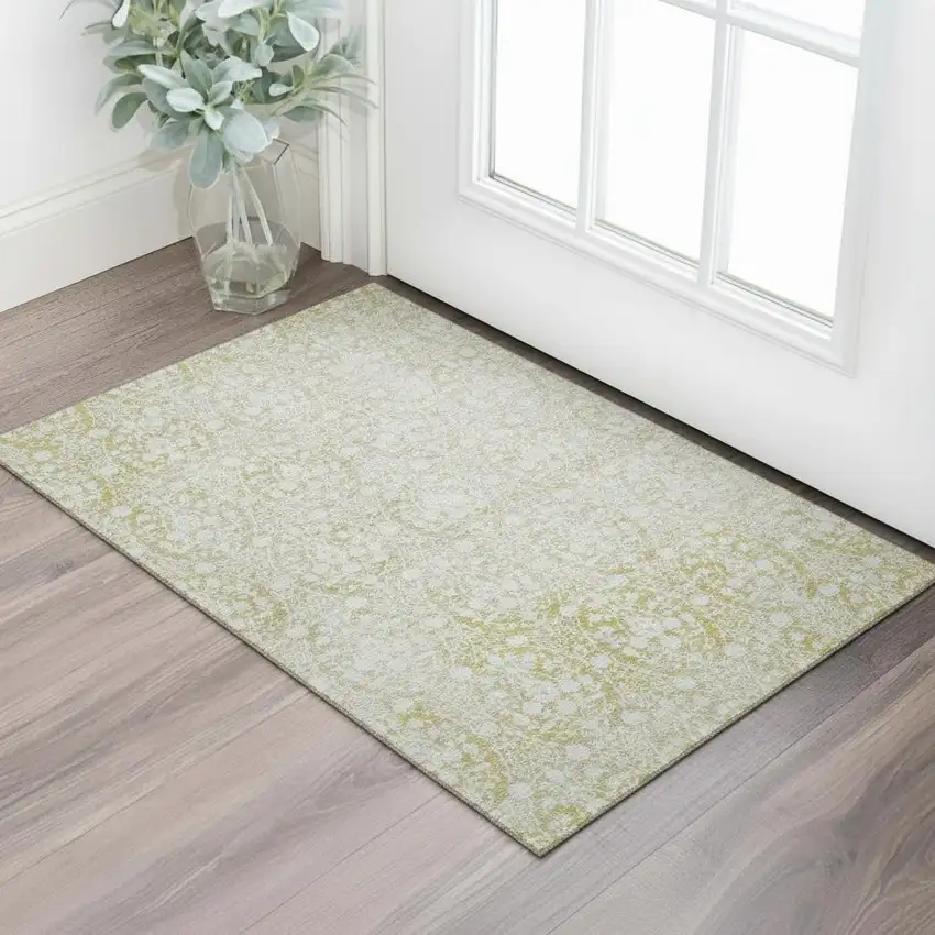 Gold And Ivory Damask Washable Area Rug With UV Protection Photo 2