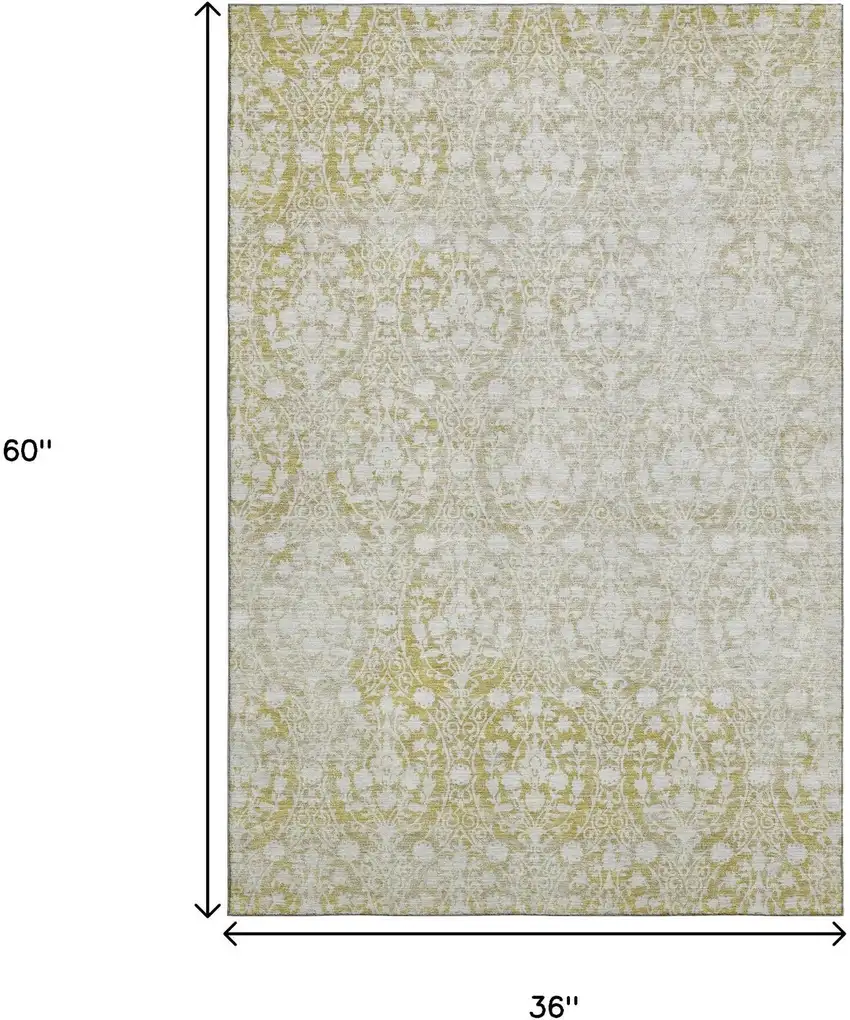 Gold And Ivory Damask Washable Area Rug With UV Protection Photo 3