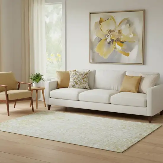 Gold And Ivory Damask Washable Area Rug With UV Protection Photo 2