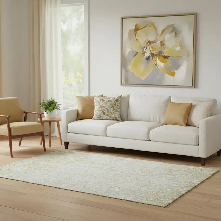 Gold And Ivory Damask Washable Area Rug With UV Protection Photo 2