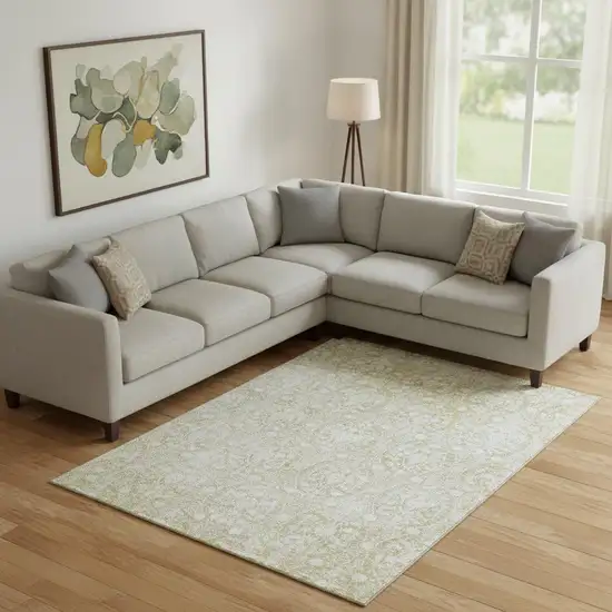 Gold And Ivory Damask Washable Area Rug With UV Protection Photo 2