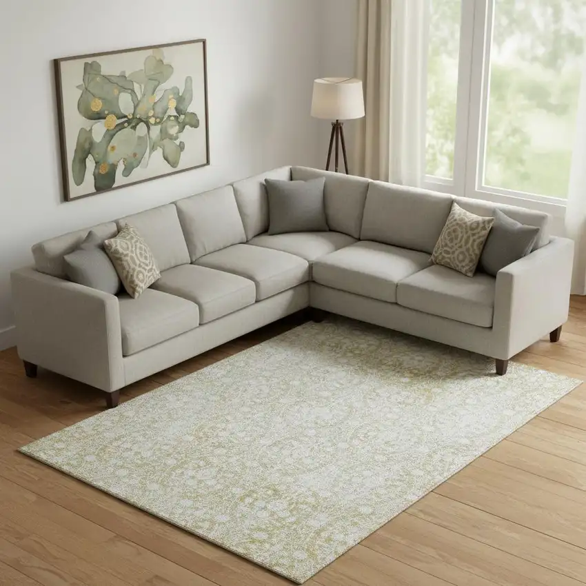 Gold And Ivory Damask Washable Area Rug With UV Protection Photo 2