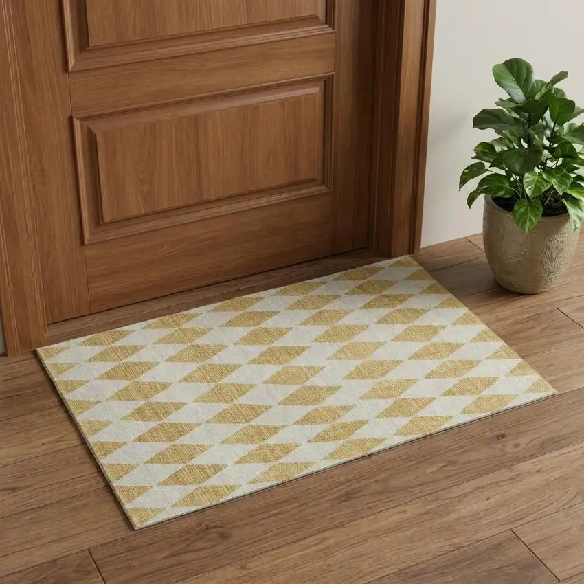 Gold And Ivory Diamond Washable Area Rug With UV Protection Photo 1