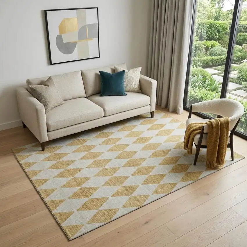 Gold And Ivory Diamond Washable Area Rug With UV Protection Photo 1