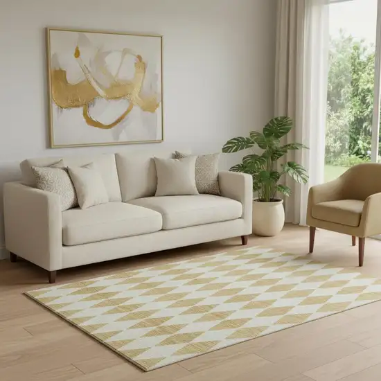 Gold And Ivory Diamond Washable Area Rug With UV Protection Photo 1
