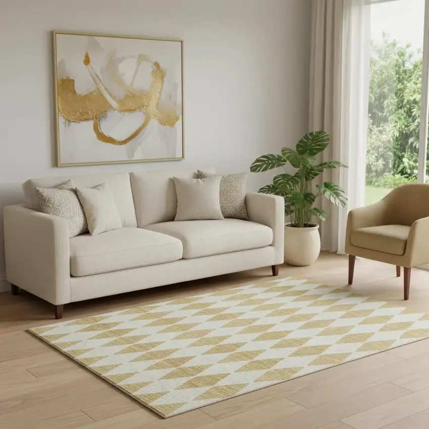 Gold And Ivory Diamond Washable Area Rug With UV Protection Photo 1