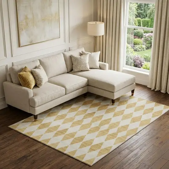 Gold And Ivory Diamond Washable Area Rug With UV Protection Photo 1