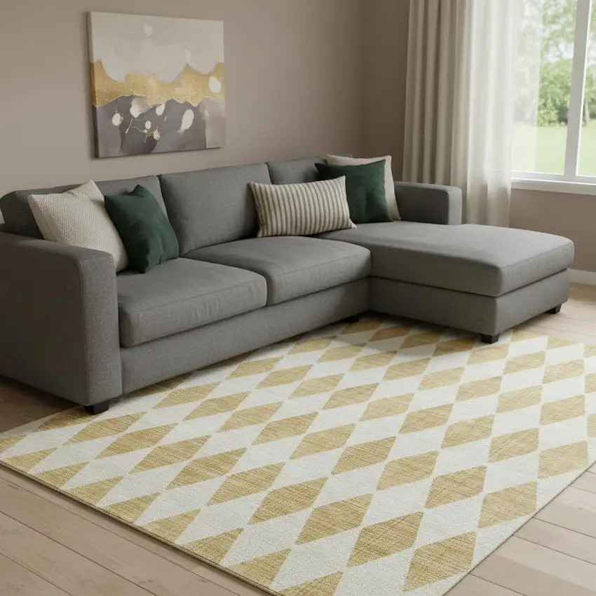 Gold And Ivory Diamond Washable Area Rug With UV Protection Photo 1