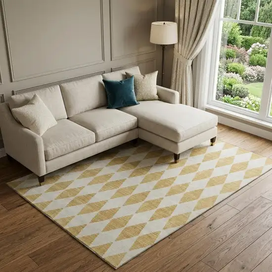 Gold And Ivory Diamond Washable Area Rug With UV Protection Photo 1