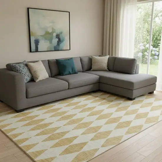 Gold And Ivory Diamond Washable Area Rug With UV Protection Photo 1