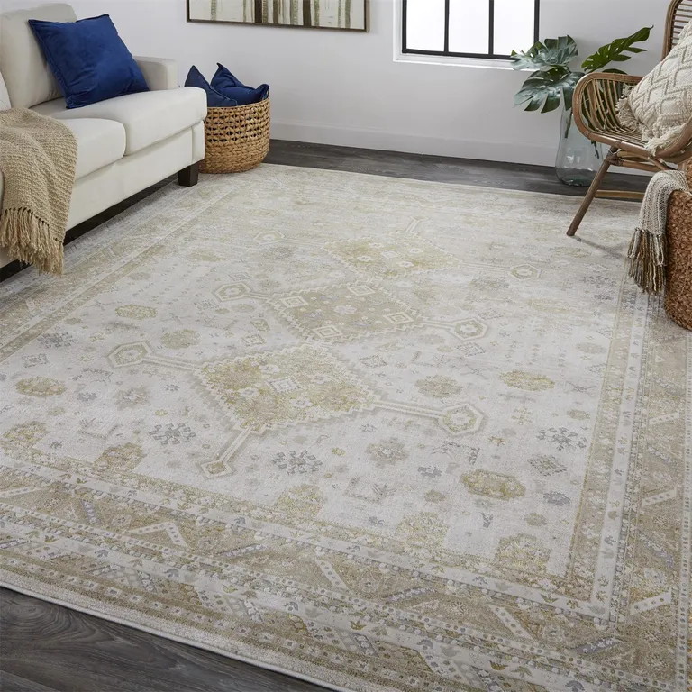 Gold And Ivory Floral Area Rug Photo 5