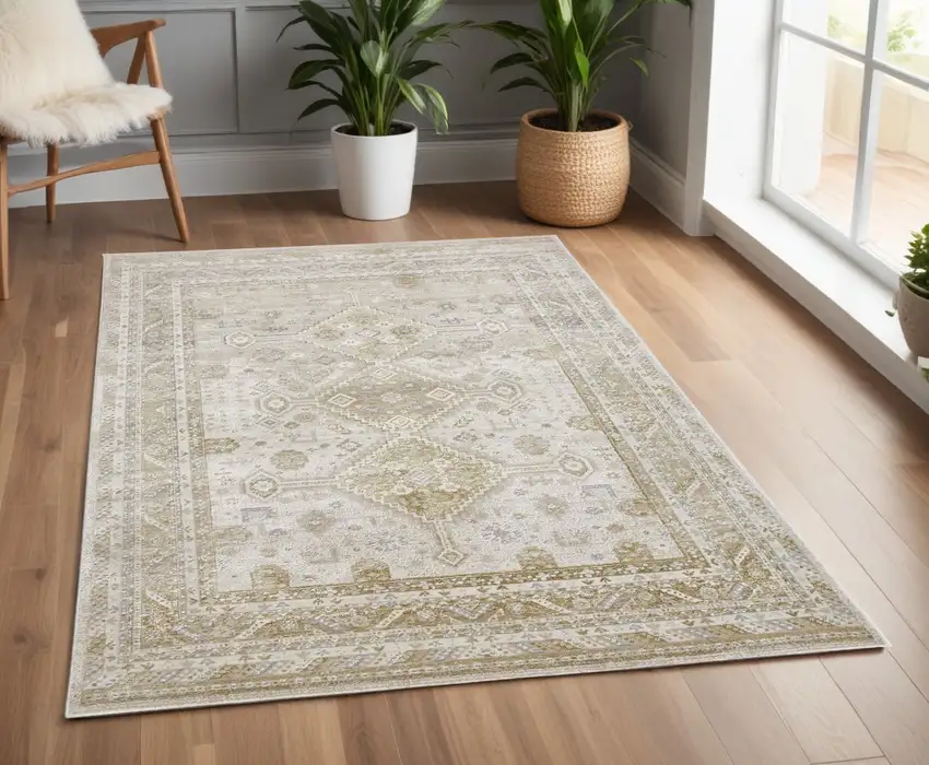 Gold and Ivory Floral Non Skid Area Rug Photo 2