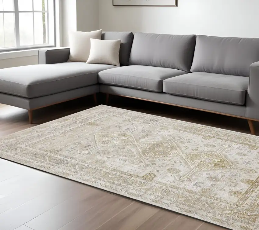 Gold and Ivory Floral Non Skid Area Rug Photo 1
