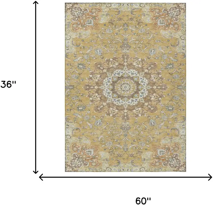 Gold And Ivory Floral Medallion Washable Indoor Outdoor Area Rug Photo 7