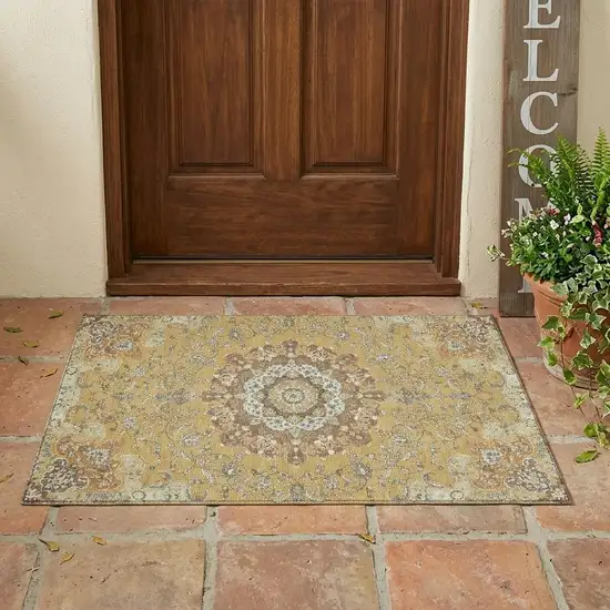 Gold And Ivory Floral Medallion Washable Indoor Outdoor Area Rug Photo 1