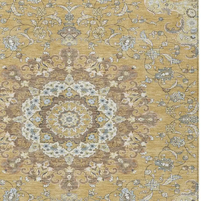 Gold And Ivory Floral Medallion Washable Indoor Outdoor Area Rug Photo 3
