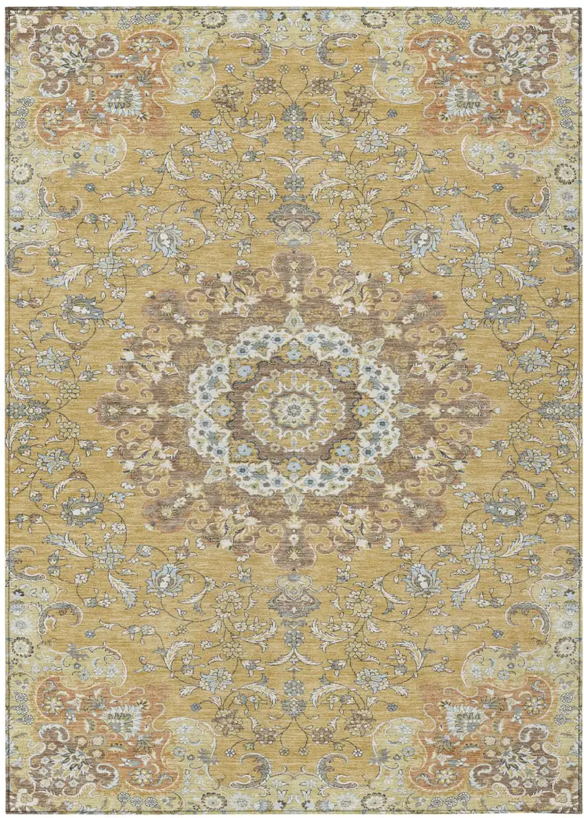 Gold And Ivory Floral Medallion Washable Indoor Outdoor Area Rug Photo 2