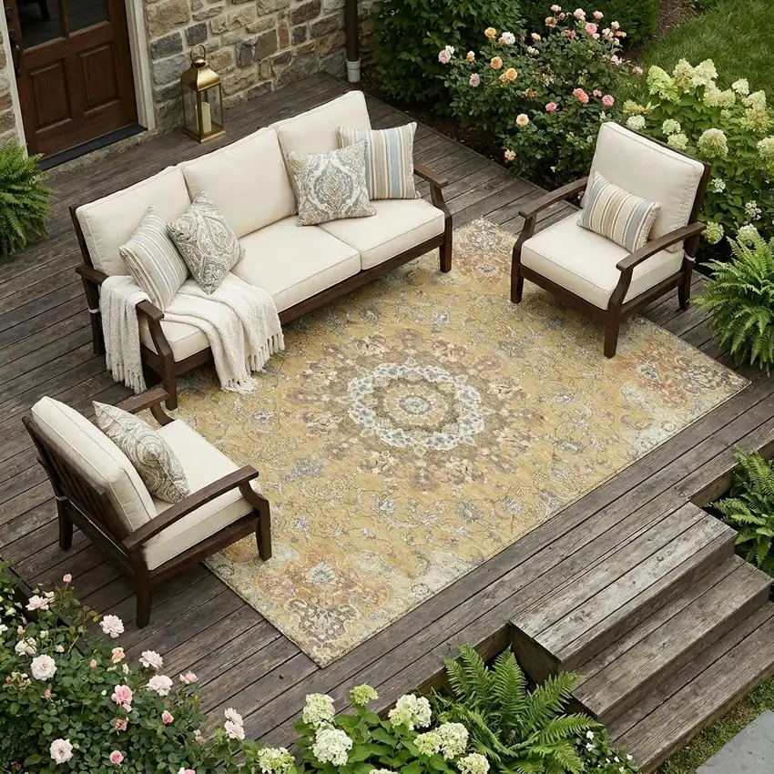 Gold And Ivory Floral Medallion Washable Indoor Outdoor Area Rug Photo 1