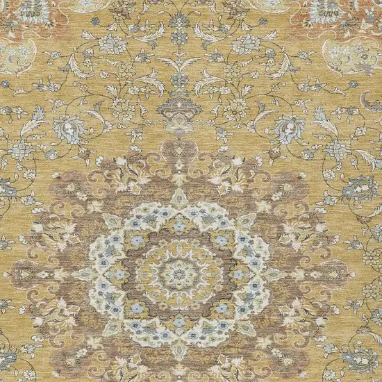 Gold And Ivory Floral Medallion Washable Indoor Outdoor Area Rug Photo 3