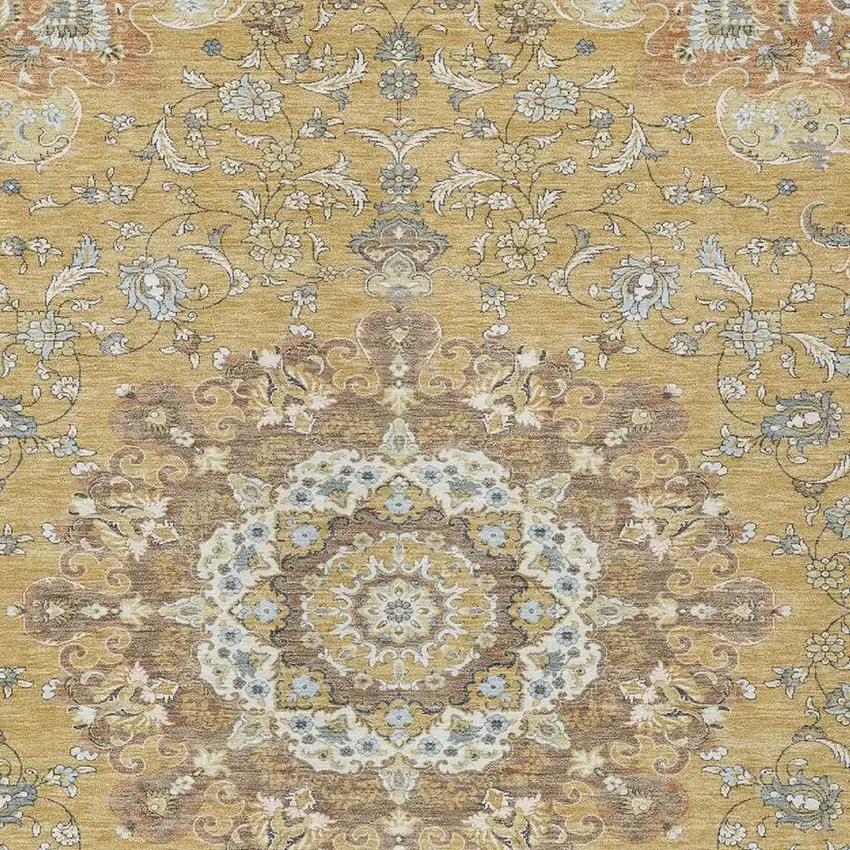 Gold And Ivory Floral Medallion Washable Indoor Outdoor Area Rug Photo 3