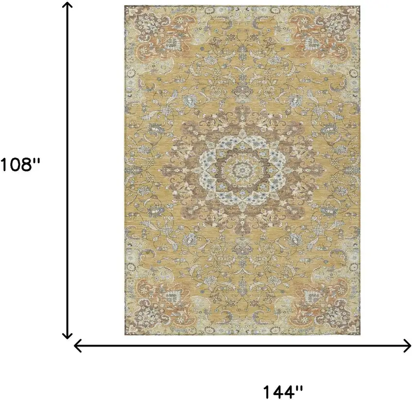 Gold And Ivory Floral Medallion Washable Indoor Outdoor Area Rug Photo 7