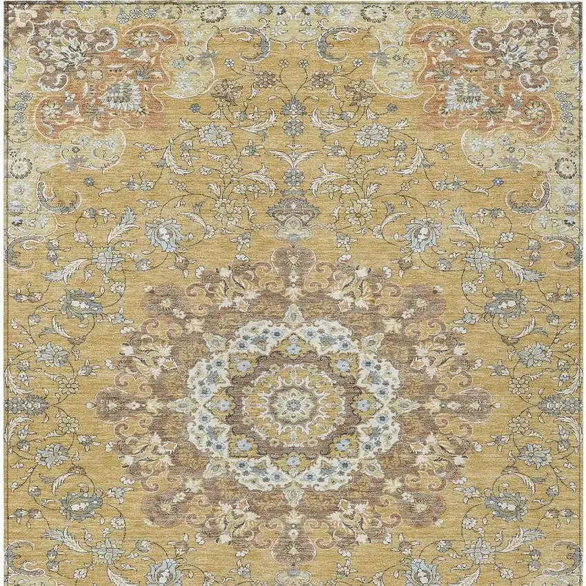 Gold And Ivory Floral Medallion Washable Indoor Outdoor Area Rug Photo 4