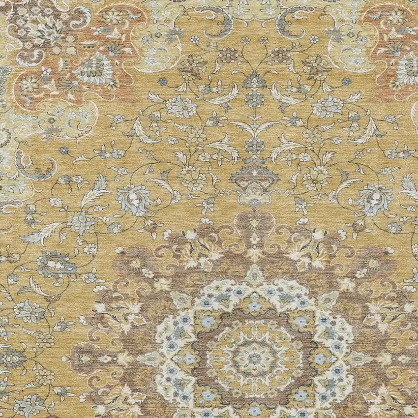 Gold And Ivory Floral Medallion Washable Indoor Outdoor Area Rug Photo 3