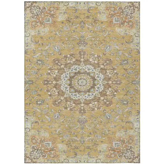 Gold And Ivory Floral Medallion Washable Indoor Outdoor Area Rug Photo 2