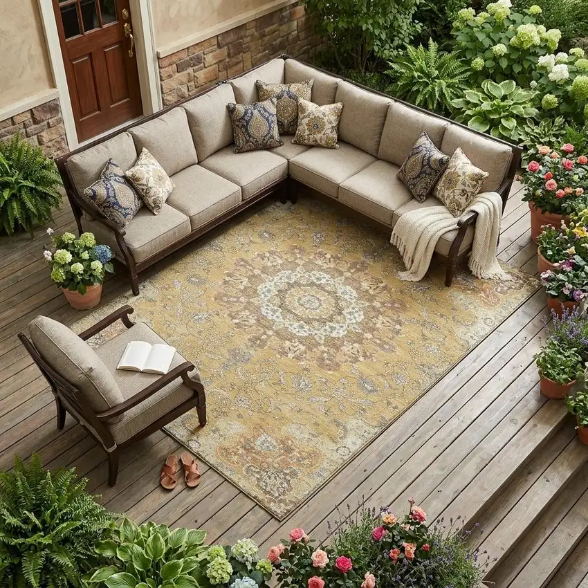 Gold And Ivory Floral Medallion Washable Indoor Outdoor Area Rug Photo 1