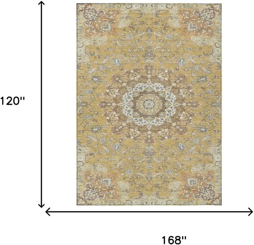 Gold And Ivory Floral Medallion Washable Indoor Outdoor Area Rug Photo 7