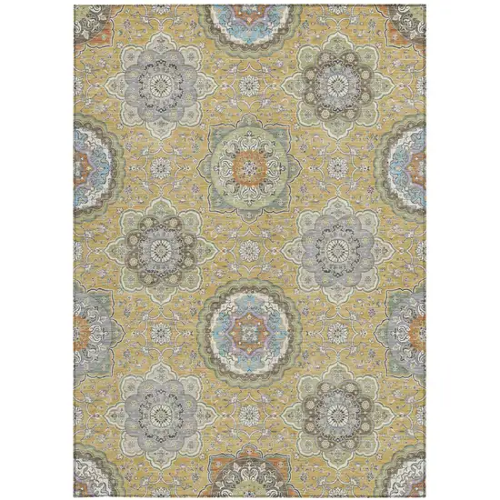 Gold And Ivory Floral Medallion Washable Indoor Outdoor Area Rug Photo 3