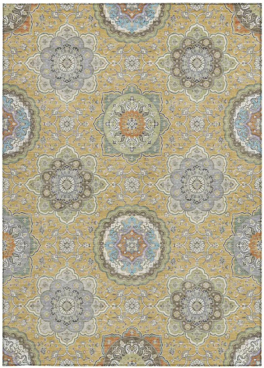 Gold And Ivory Floral Medallion Washable Indoor Outdoor Area Rug Photo 3