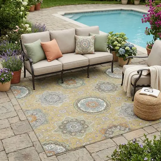 Gold And Ivory Floral Medallion Washable Indoor Outdoor Area Rug Photo 1