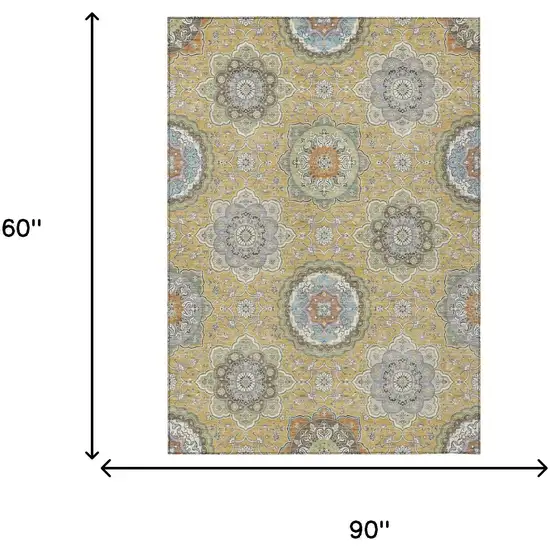 Gold And Ivory Floral Medallion Washable Indoor Outdoor Area Rug Photo 8