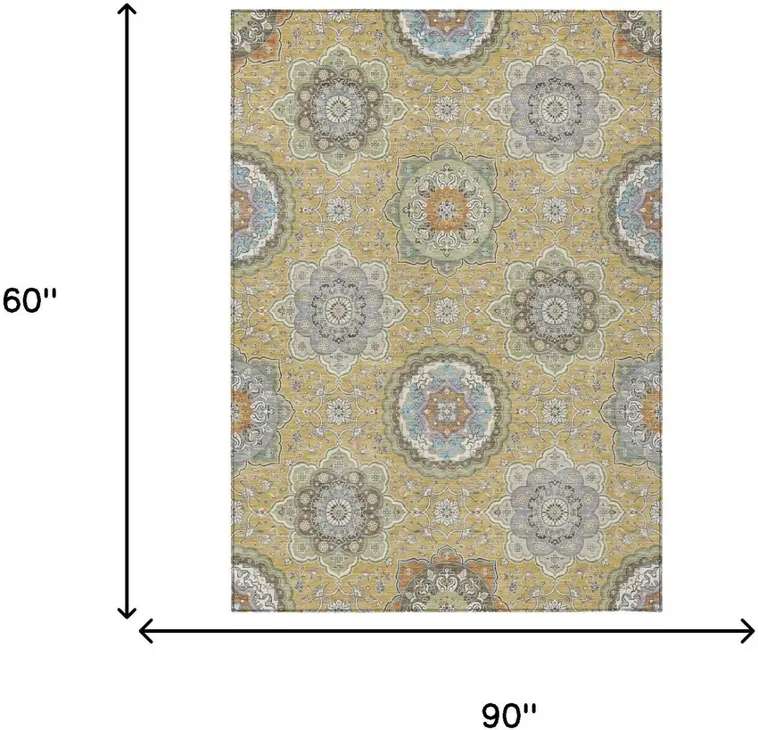 Gold And Ivory Floral Medallion Washable Indoor Outdoor Area Rug Photo 8
