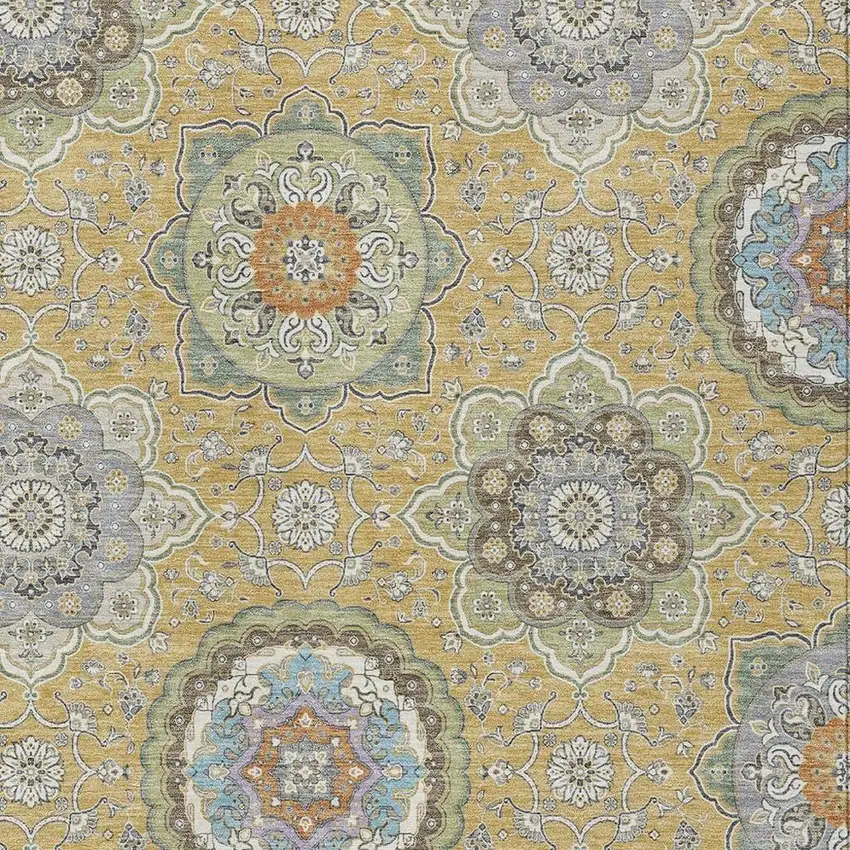 Gold And Ivory Floral Medallion Washable Indoor Outdoor Area Rug Photo 4