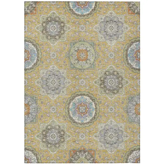 Gold And Ivory Floral Medallion Washable Indoor Outdoor Area Rug Photo 2