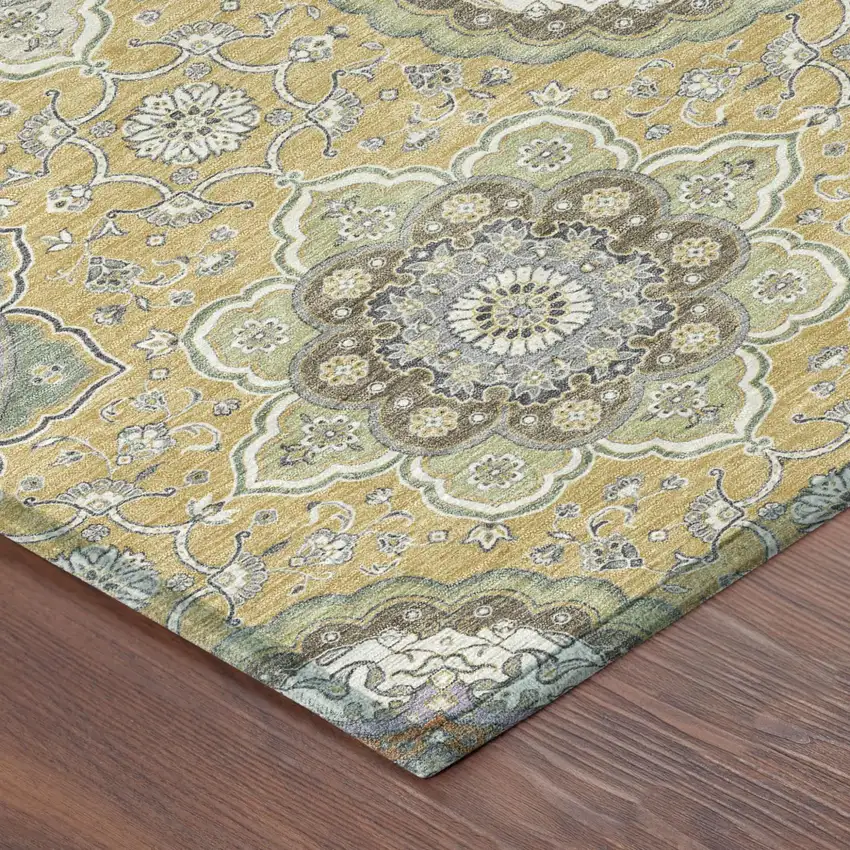 Gold And Ivory Floral Medallion Washable Indoor Outdoor Area Rug Photo 6