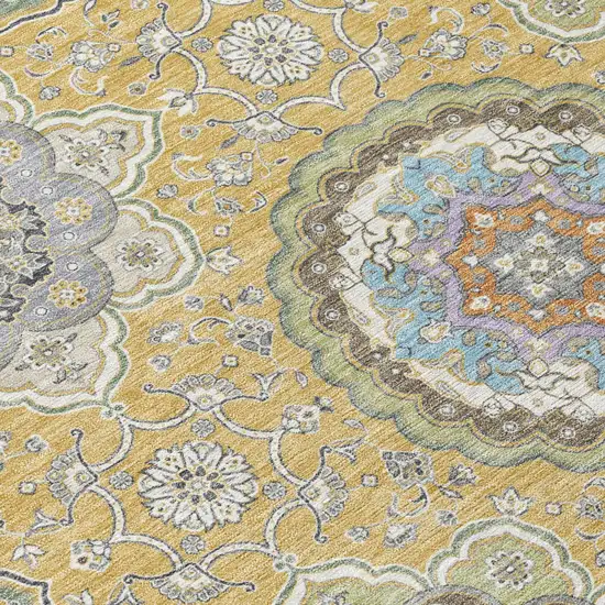 Gold And Ivory Floral Medallion Washable Indoor Outdoor Area Rug Photo 8